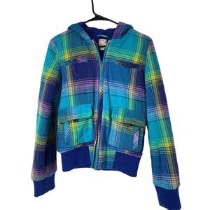 Womens Roxy Winter Hood Insulate Jacket Plaid Size S Jr Zip Logo Lined Blue 6362